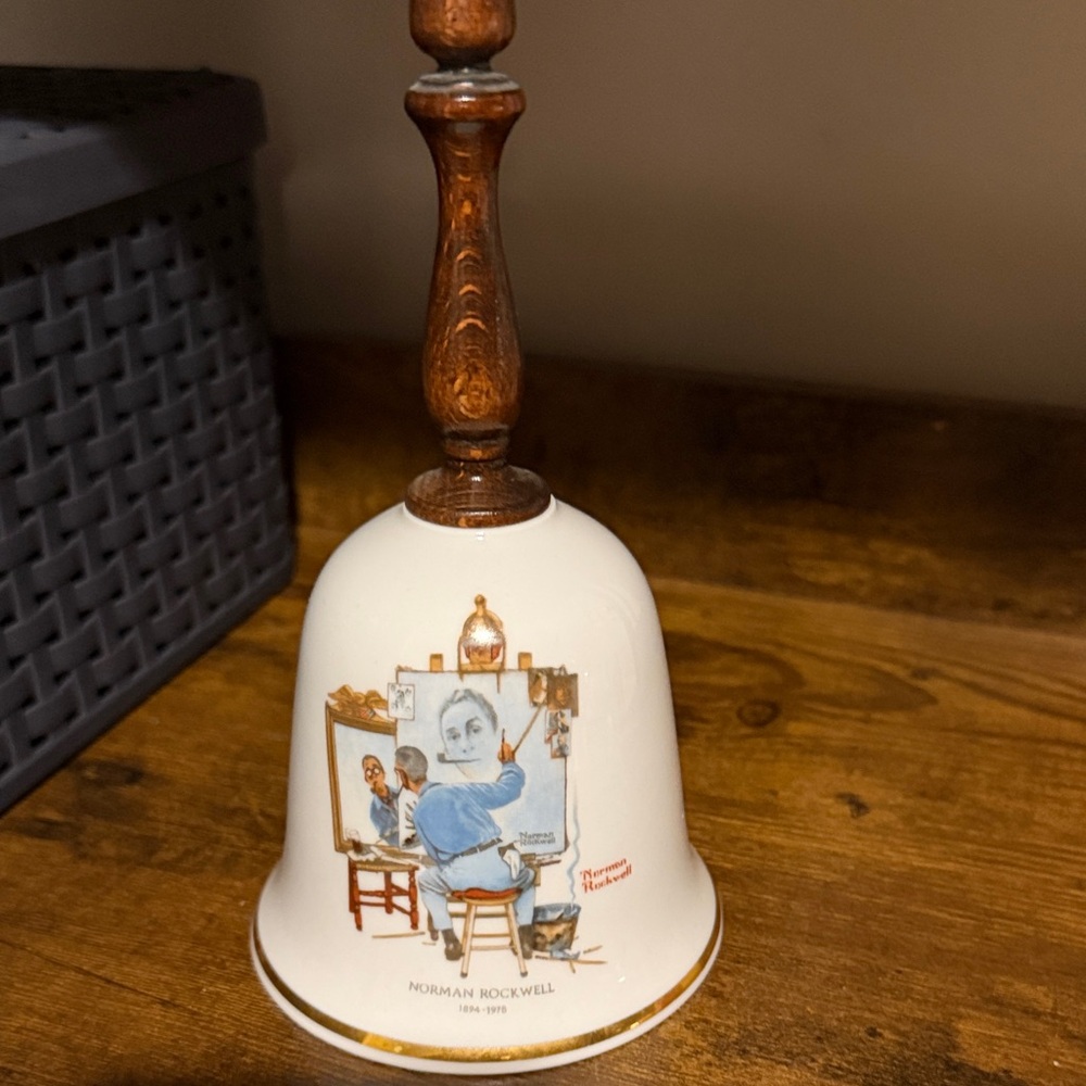 VTG Norman Rockwell Triple Self Portrait Bell with Wooden Handle